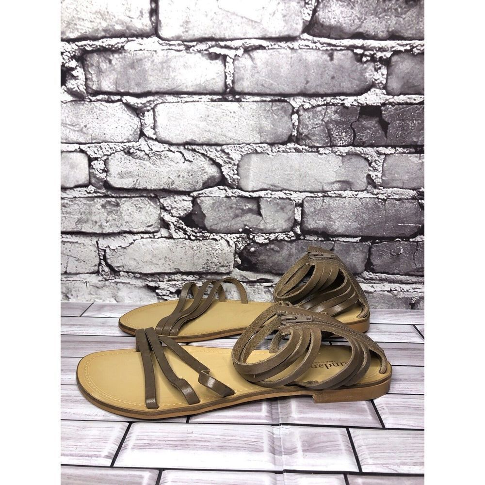 Sundance Taupe Leather Open Strap Back Zip Flats Sandals Women Sz 41EU/10.5M US